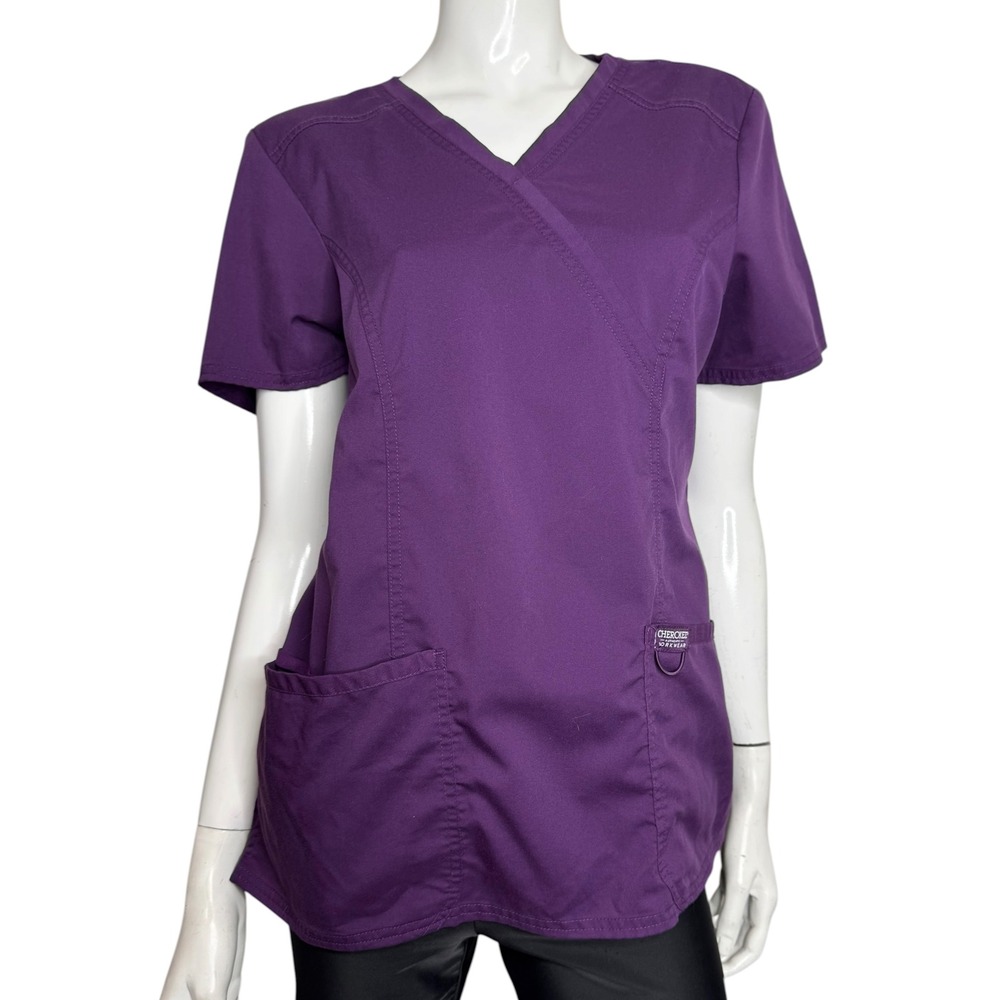 Cherokee Workwear Revolution Purple Mock Wrap Scrub Top V-Neck Stretch Medium